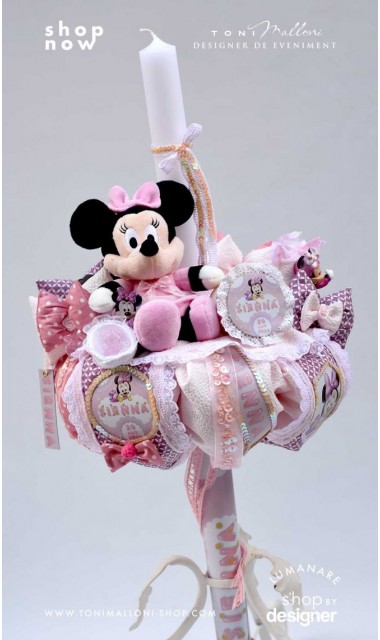 Lumanare cu Minnie Mouse Racer personalizata cu paiete roz si lila 5